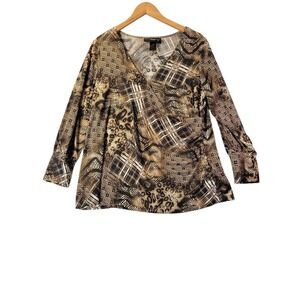 Venezia 14/16 Brown Animal Print Mixed Pattern Blouse Stretch V-Neck Top